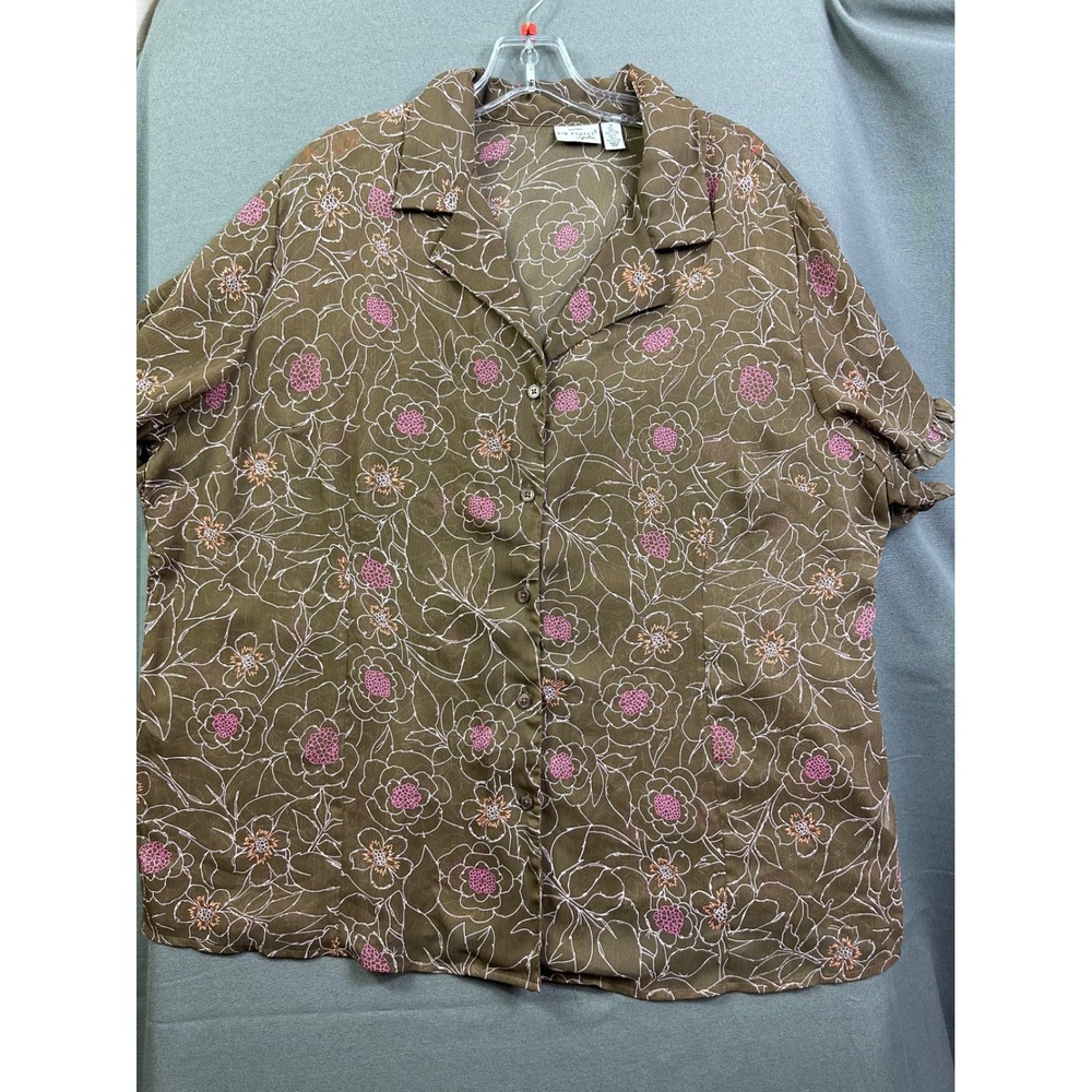 Kim Rogers‎ Signature Brown Floral Button Up Blouse Short Sleeve Ruffle 2X